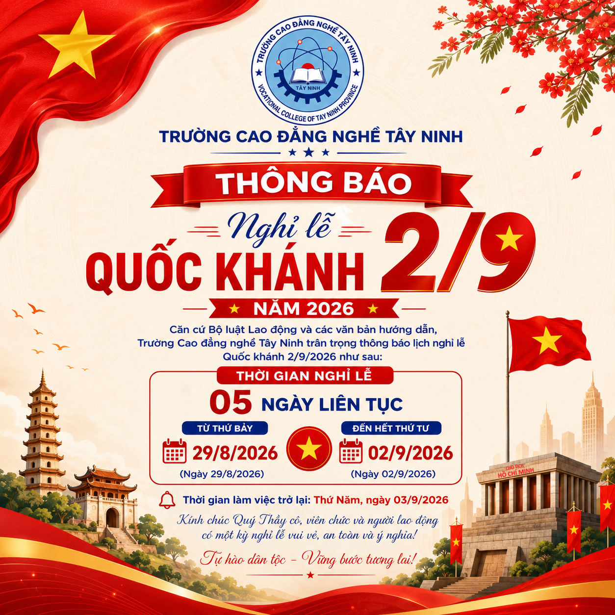 Thông báo Nghỉ Lễ Quốc Khánh 02/9/2026
